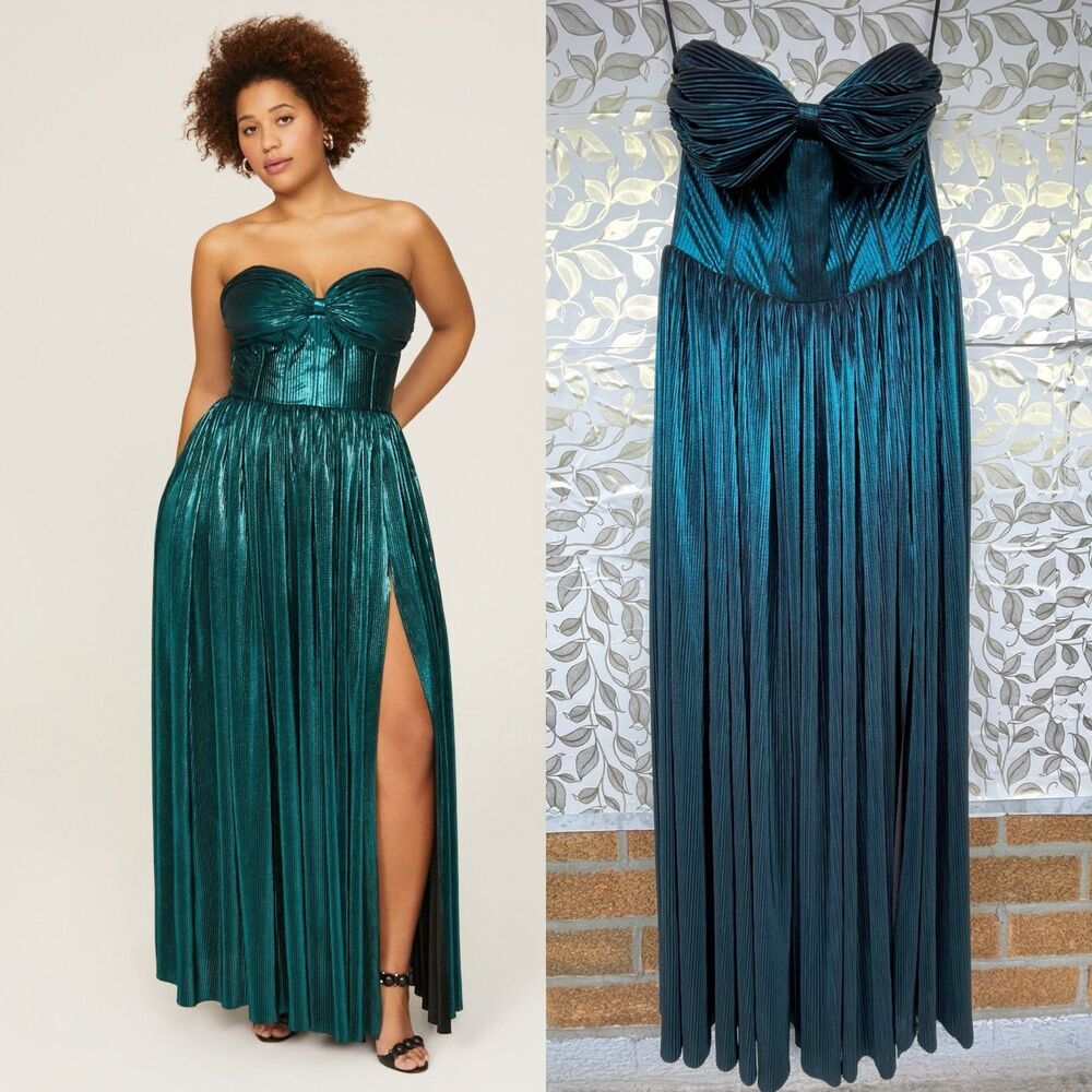 Bronx & Banco Metallic Teal Pleated Strapless Gown XL Mermaidcore Glam